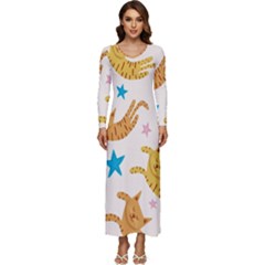 Cute Cats Seamless Pattern With Stars Funny Drawing Kittens Long Sleeve Velour Longline Maxi Dress