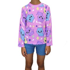 Seamless Pattern With Cute Kawaii Kittens Kids  Long Sleeve Swimwear