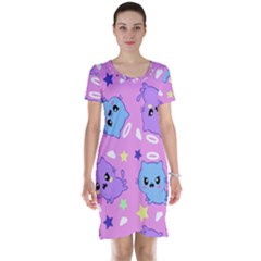 Seamless Pattern With Cute Kawaii Kittens Short Sleeve Nightdress