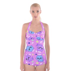 Seamless Pattern With Cute Kawaii Kittens Boyleg Halter Swimsuit 