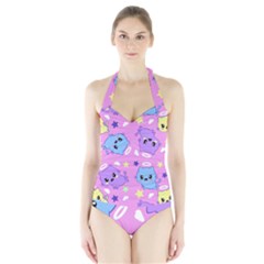 Seamless Pattern With Cute Kawaii Kittens Halter Swimsuit