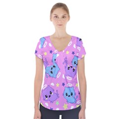 Seamless Pattern With Cute Kawaii Kittens Short Sleeve Front Detail Top