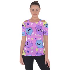 Seamless Pattern With Cute Kawaii Kittens Shoulder Cut Out Short Sleeve Top