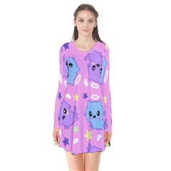 Seamless Pattern With Cute Kawaii Kittens Long Sleeve V-neck Flare Dress