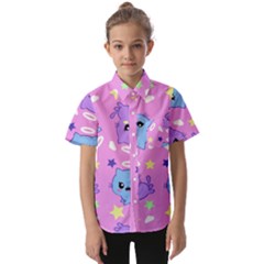 Seamless Pattern With Cute Kawaii Kittens Kids  Short Sleeve Shirt