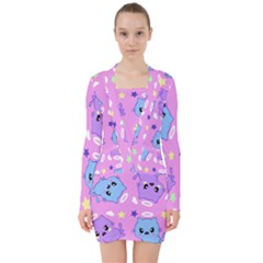 Seamless Pattern With Cute Kawaii Kittens V-neck Bodycon Long Sleeve Dress