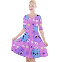 Seamless Pattern With Cute Kawaii Kittens Quarter Sleeve A-line Dress