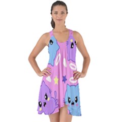 Seamless Pattern With Cute Kawaii Kittens Show Some Back Chiffon Dress