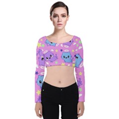 Seamless Pattern With Cute Kawaii Kittens Velvet Long Sleeve Crop Top