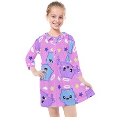 Seamless Pattern With Cute Kawaii Kittens Kids  Quarter Sleeve Shirt Dress by Jancukart