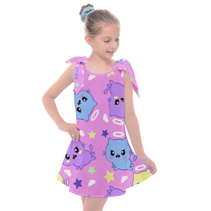 Seamless Pattern With Cute Kawaii Kittens Kids  Tie Up Tunic Dress