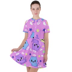 Seamless Pattern With Cute Kawaii Kittens Short Sleeve Shoulder Cut Out Dress  by Jancukart