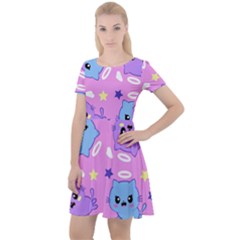 Seamless Pattern With Cute Kawaii Kittens Cap Sleeve Velour Dress 