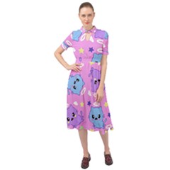 Seamless Pattern With Cute Kawaii Kittens Keyhole Neckline Chiffon Dress