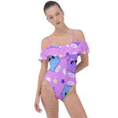 Seamless Pattern With Cute Kawaii Kittens Frill Detail One Piece Swimsuit