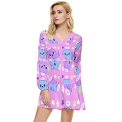 Seamless Pattern With Cute Kawaii Kittens Tiered Long Sleeve Mini Dress