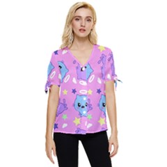 Seamless Pattern With Cute Kawaii Kittens Bow Sleeve Button Up Top