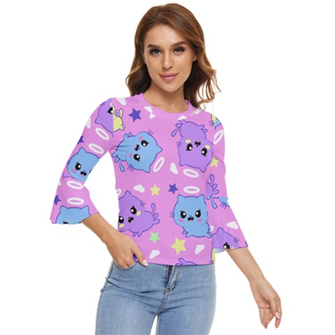 Seamless Pattern With Cute Kawaii Kittens Bell Sleeve Top by Jancukart