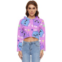 Seamless Pattern With Cute Kawaii Kittens Women s Lightweight Cropped Hoodie