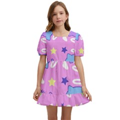 Seamless Pattern With Cute Kawaii Kittens Kids  Short Sleeve Dolly Dress