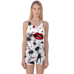 Red Lips Black Heels Pattern One Piece Boyleg Swimsuit