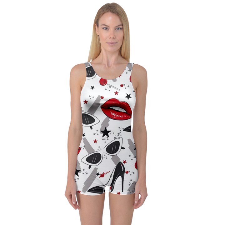 Red Lips Black Heels Pattern One Piece Boyleg Swimsuit