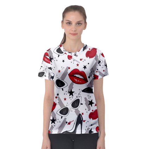 Red Lips Black Heels Pattern Women s Sport Mesh Tee by Jancukart