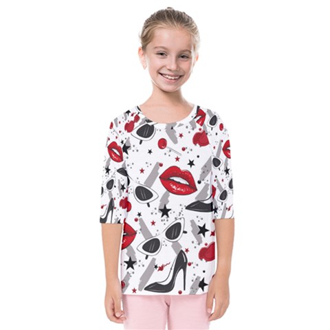 Red Lips Black Heels Pattern Kids  Quarter Sleeve Raglan Tee by Jancukart