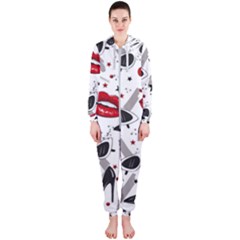 Red Lips Black Heels Pattern Hooded Jumpsuit (ladies)