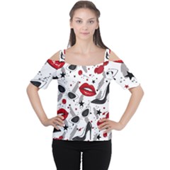 Red Lips Black Heels Pattern Cutout Shoulder Tee