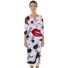 Red Lips Black Heels Pattern Quarter Sleeve Midi Bodycon Dress