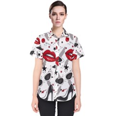 Red Lips Black Heels Pattern Women s Short Sleeve Shirt