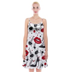 Red Lips Black Heels Pattern Spaghetti Strap Velvet Dress