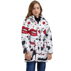 Red Lips Black Heels Pattern Kid s Hooded Longline Puffer Jacket