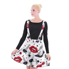 Red Lips Black Heels Pattern Suspender Skater Skirt