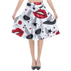 Red Lips Black Heels Pattern Flared Midi Skirt