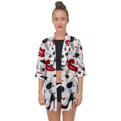 Red Lips Black Heels Pattern Open Front Chiffon Kimono