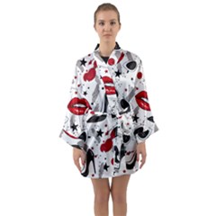 Red Lips Black Heels Pattern Long Sleeve Satin Kimono