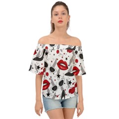 Red Lips Black Heels Pattern Off Shoulder Short Sleeve Top by Jancukart