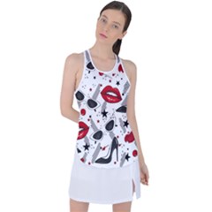 Red Lips Black Heels Pattern Racer Back Mesh Tank Top