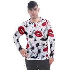 Red Lips Black Heels Pattern Men s Pique Long Sleeve Tee