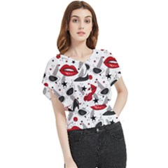 Red Lips Black Heels Pattern Butterfly Chiffon Blouse