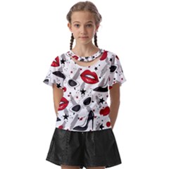 Red Lips Black Heels Pattern Kids  Front Cut Tee