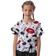 Red Lips Black Heels Pattern Kids  Cut Out Flutter Sleeves