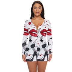 Red Lips Black Heels Pattern Long Sleeve Boyleg Swimsuit