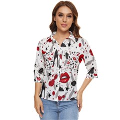 Red Lips Black Heels Pattern Women s Quarter Sleeve Pocket Shirt