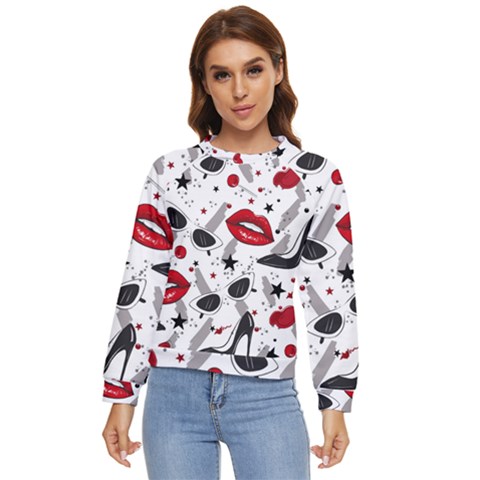 Red Lips Black Heels Pattern Women s Long Sleeve Raglan Tee by Jancukart