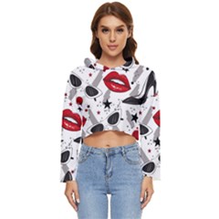 Red Lips Black Heels Pattern Women s Lightweight Cropped Hoodie