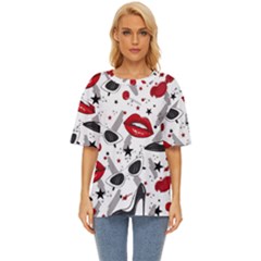 Red Lips Black Heels Pattern Oversized Basic Tee