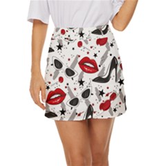 Red Lips Black Heels Pattern Mini Front Wrap Skirt